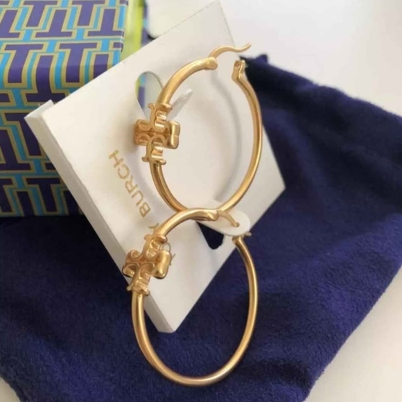 Tory Burch Gold Logo Hoop Earrings - Picture 2 of 5